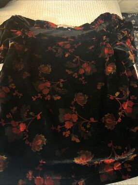 LOFT Black Velvet Floral Burnout Blouse with Red and Gold Accents